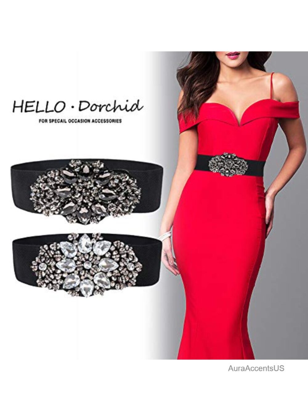 Stretchy Rhinestone Beaded Belt for Women, Adjustable Elastic Dress Belt, Wide - Picture 5 of 6